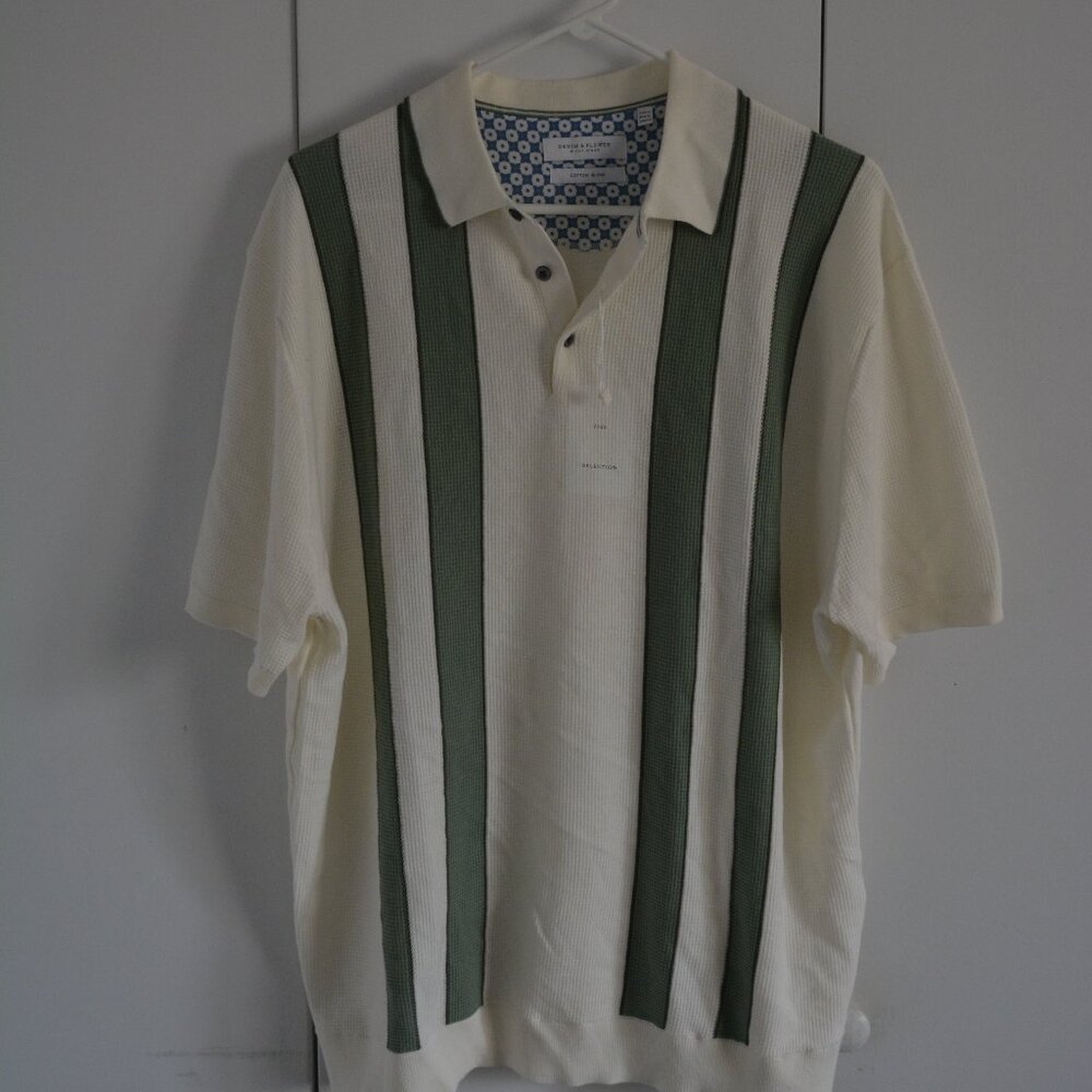 DENIM & FLOWER, cream and sage green polo knit, XL, NWT